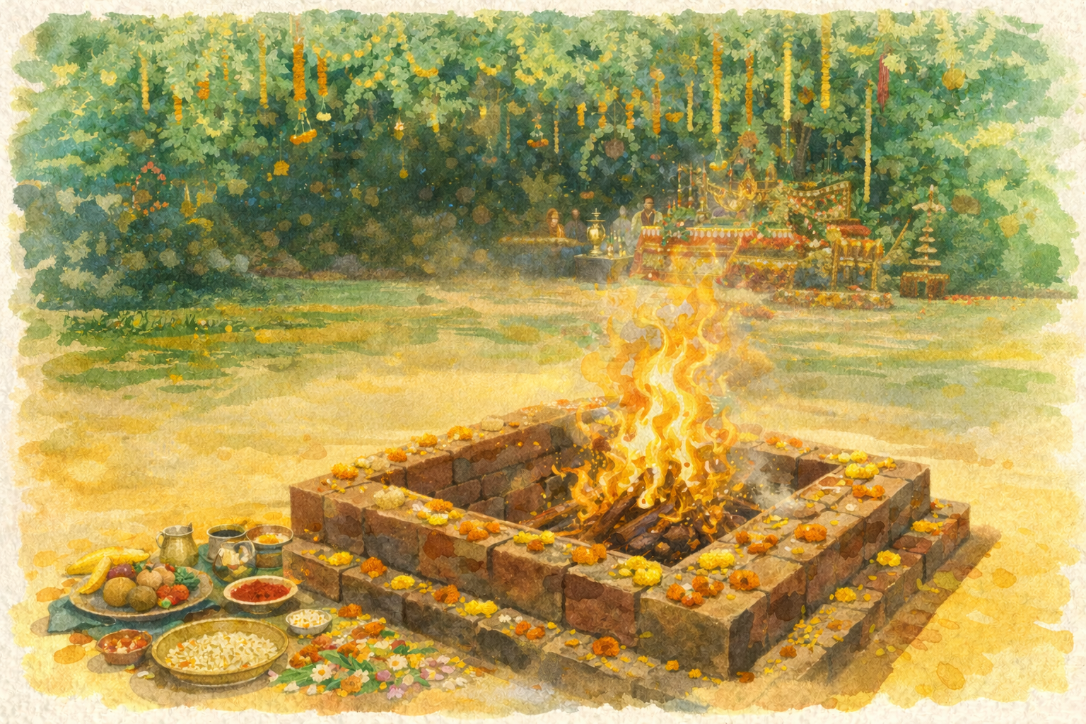 Sacred yagna ceremony with priests performing rituals with holy fire