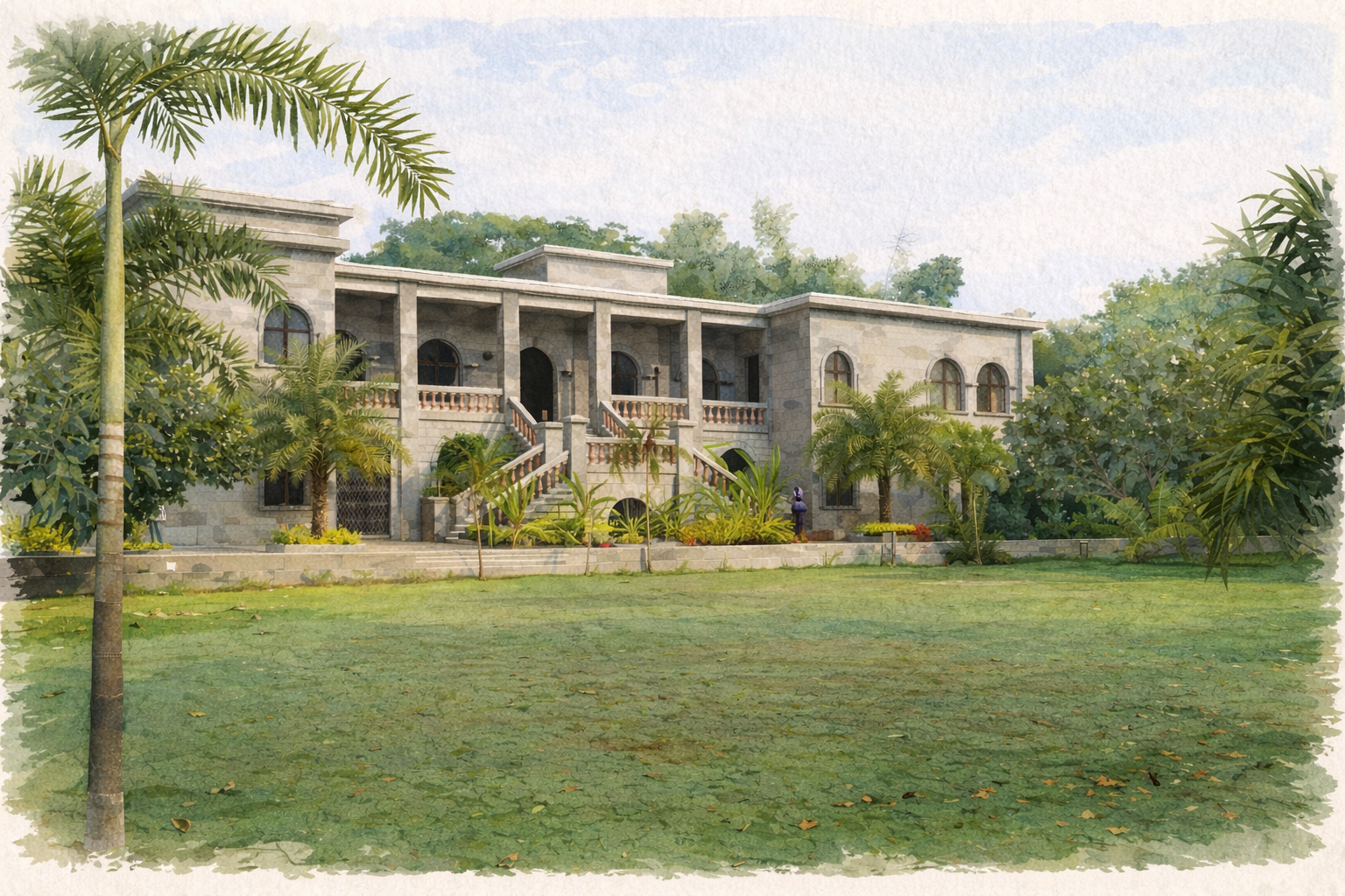 Beautiful aerial view of Vrajbhoomi Ashram showing temple and gardens